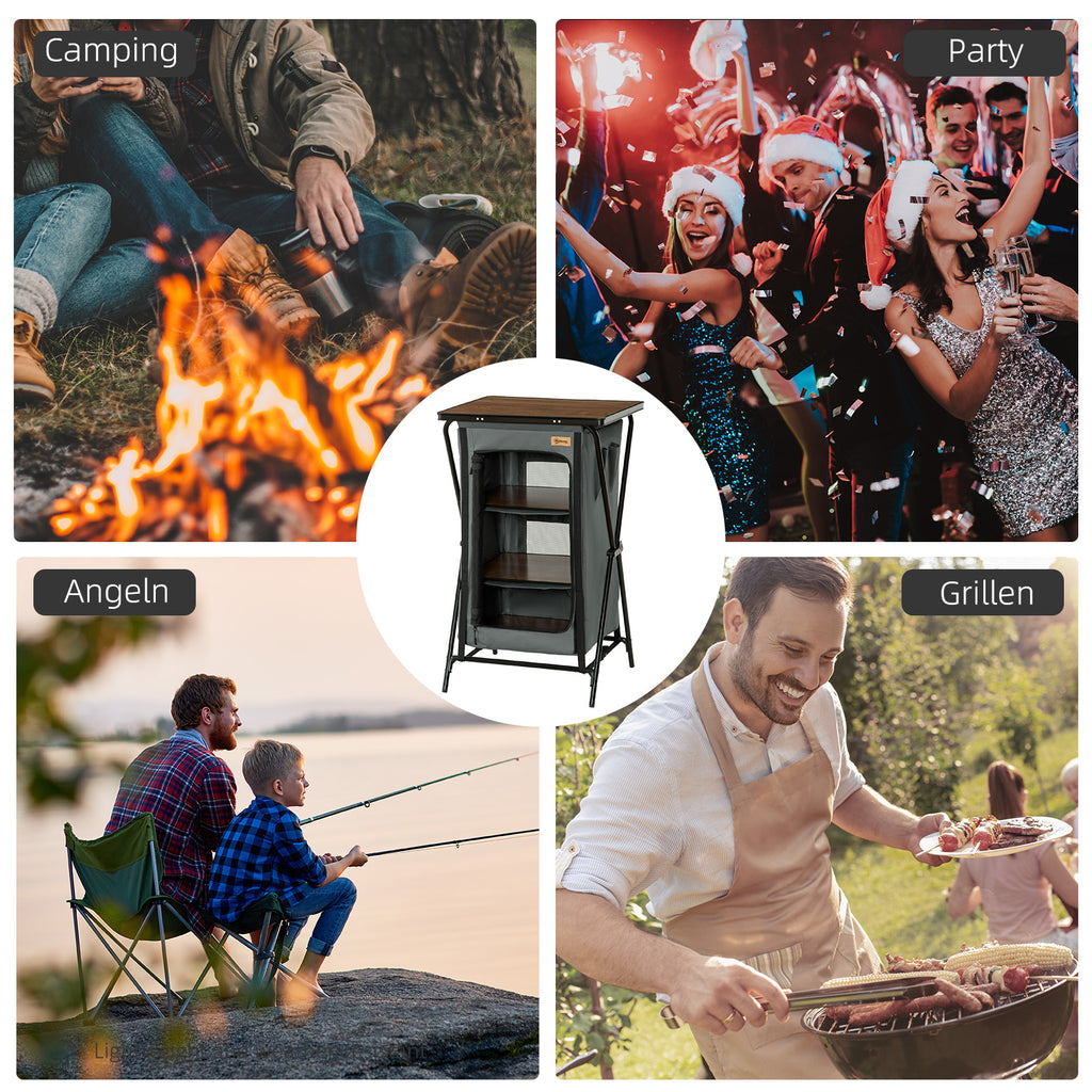 Outsunny Camping-Tisch mit 3 Regalfächern, Reißverschlusstür, Aluminium, faltbar, Grau