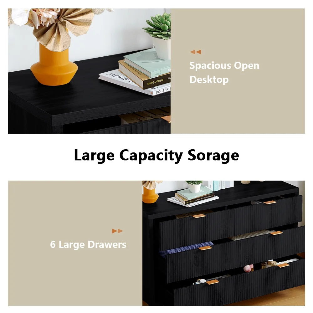 YOCWO Fluted Nightstand for Bedroom Set of 2, Wood Bedside Table Set of 2 with Drawers, Black