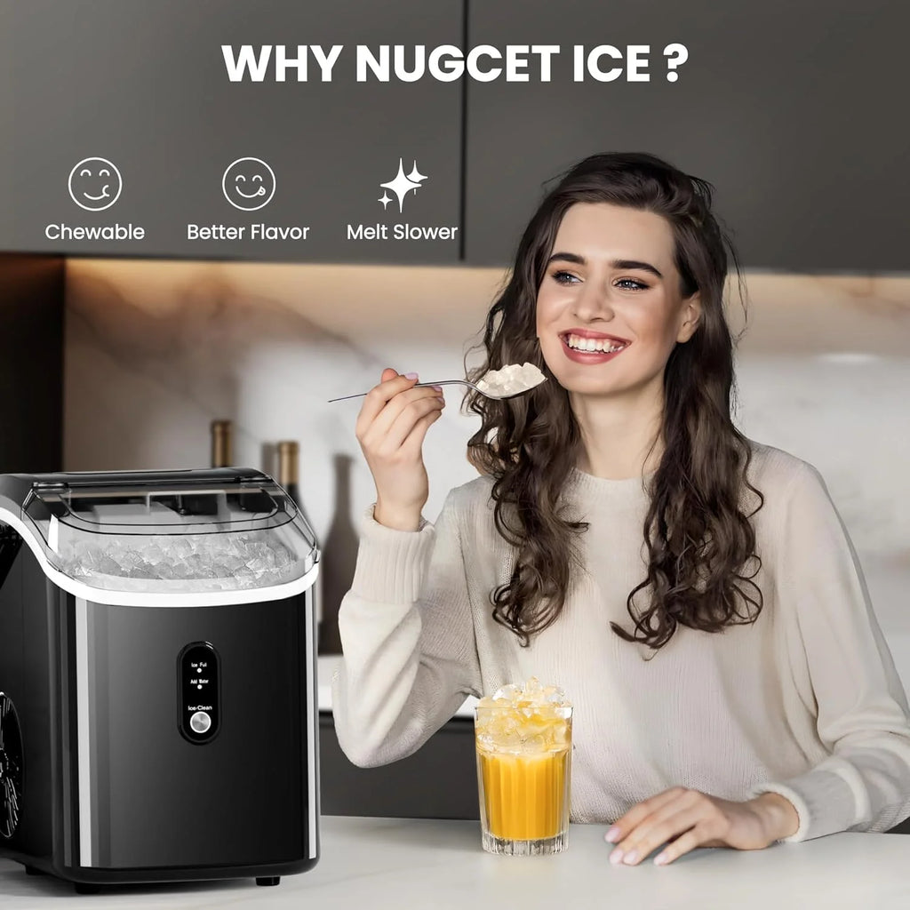 Auseo Nugget Ice Maker Countertop, Ready in 6 Mins, 35 lb Each Day with Self - Cleaning, Portable Sonic Ice Machine for Home/Office/Bar, Black