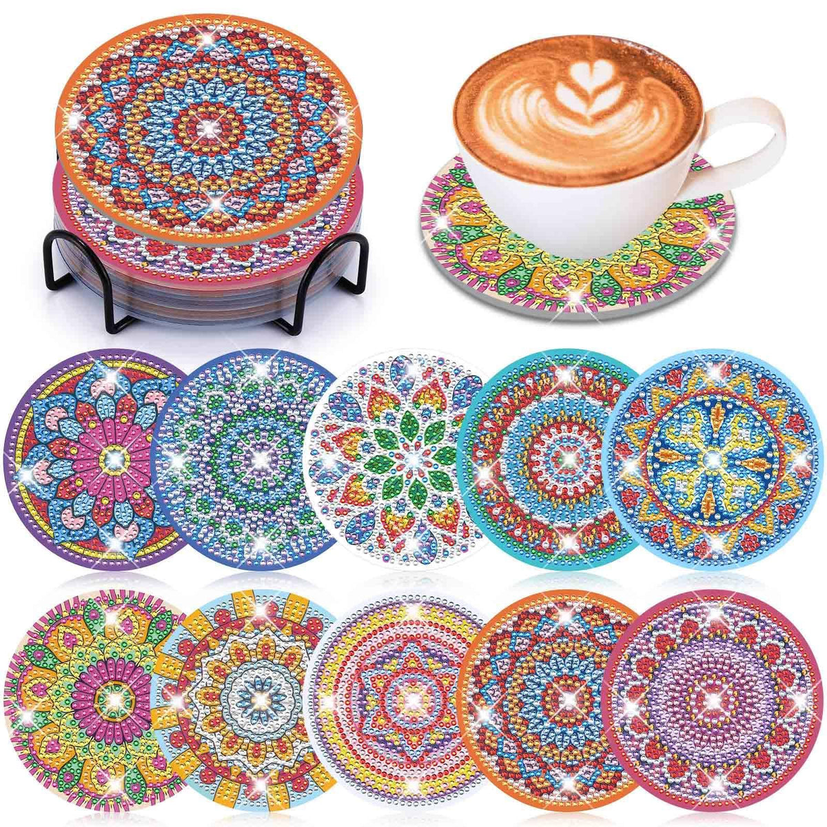 10 Pcs Diamond Painting Coasters with Holder, Mandala DIY Diamond Art Coasters Kits for Adults Kids Beginners Art Craft Supplies, for Family &