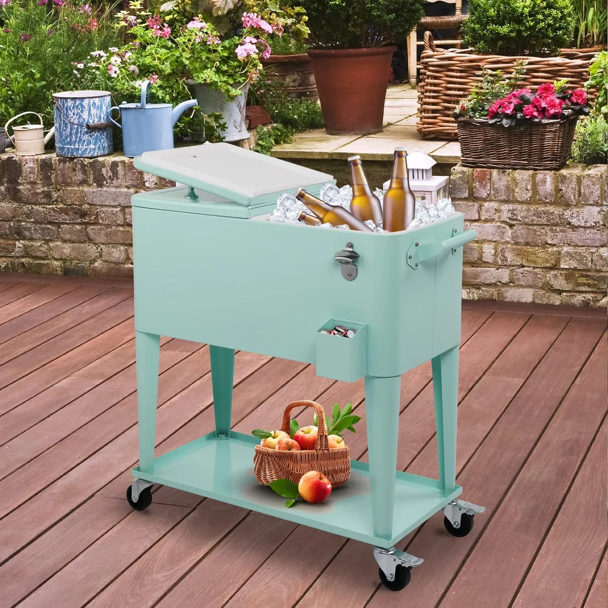 80 Quart Rolling Ice Chest, Portable Bar Drink Cooler with Catch Basin, Bottom Storage Tray and Bottle Opener for Patio Party BBQ Beach Activities