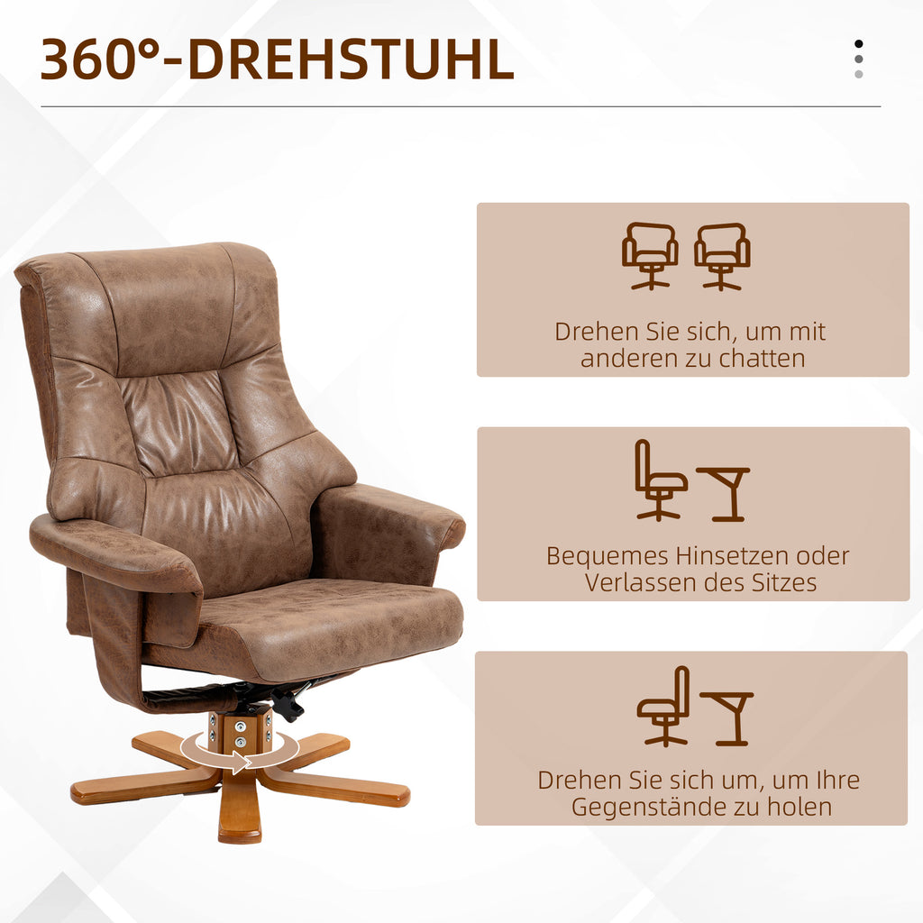 HOMCOM Relaxsessel mit Hocker, 360° drehbar, 135° neigbar, atmungsaktiver Bezug, 78 x 82,5 x 109 cm, braun