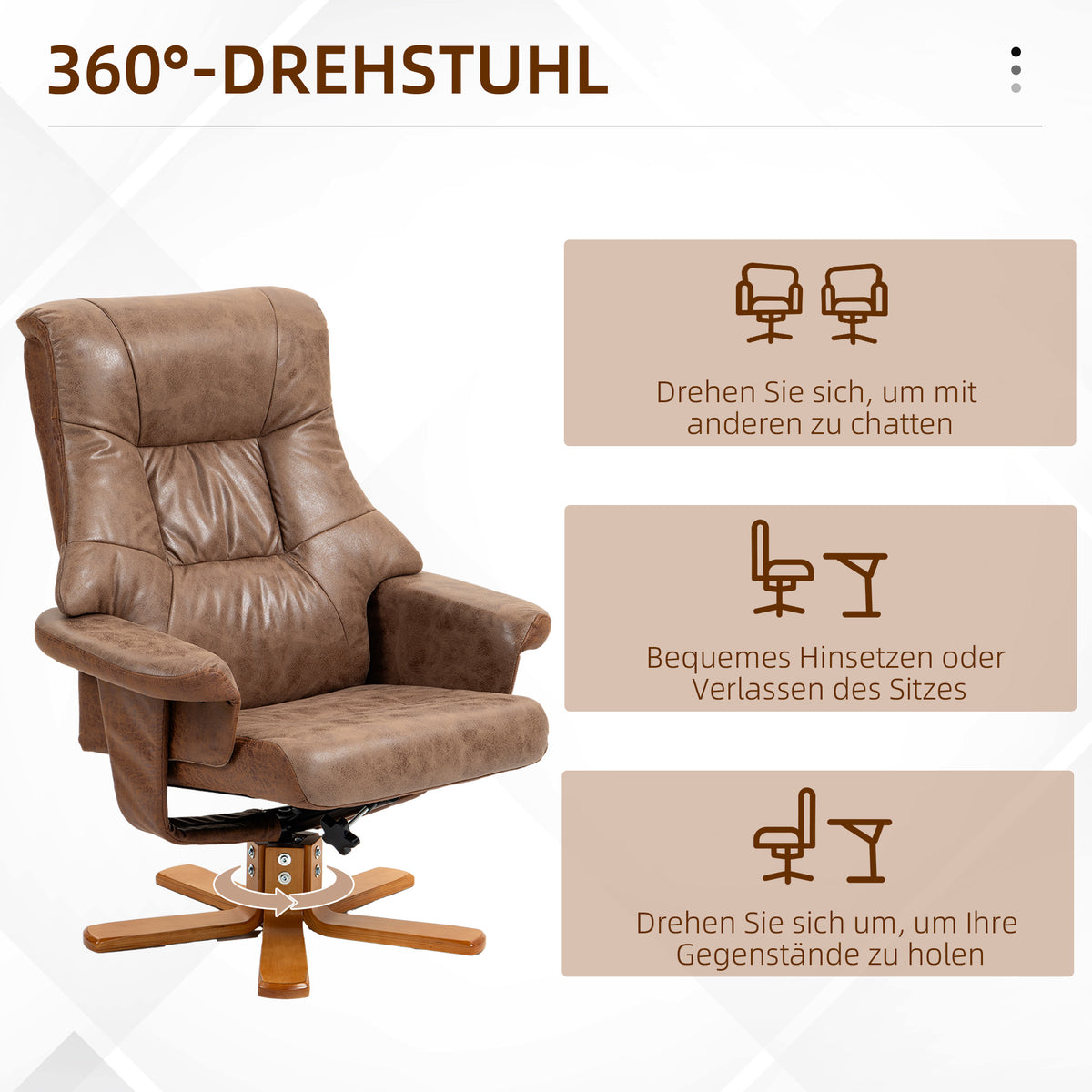 HOMCOM Relaxsessel mit Hocker, 360° drehbar, 135° neigbar, atmungsaktiver Bezug, 78 x 82,5 x 109 cm, braun