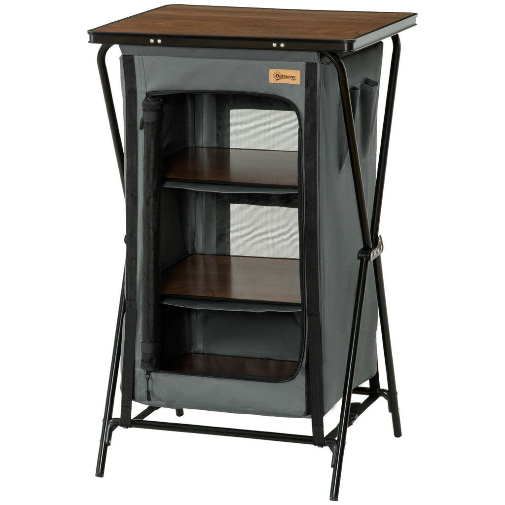 Outsunny Camping-Tisch mit 3 Regalfächern, Reißverschlusstür, Aluminium, faltbar, Grau