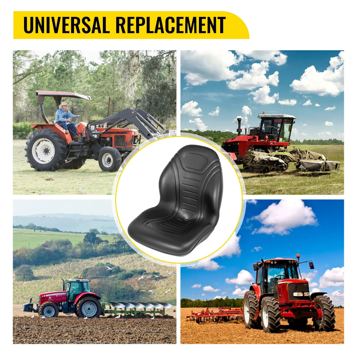 VEVOR 2pcs Universal Tractor Seat Replacement, Compact High Back Mower Seat Pair, Black Vinyl Forklift Seat, Central Drain Hole Skid Steer Seat with Mounting Bolt Patterns of 8" x 11.5" & 11.25" x 11.5"