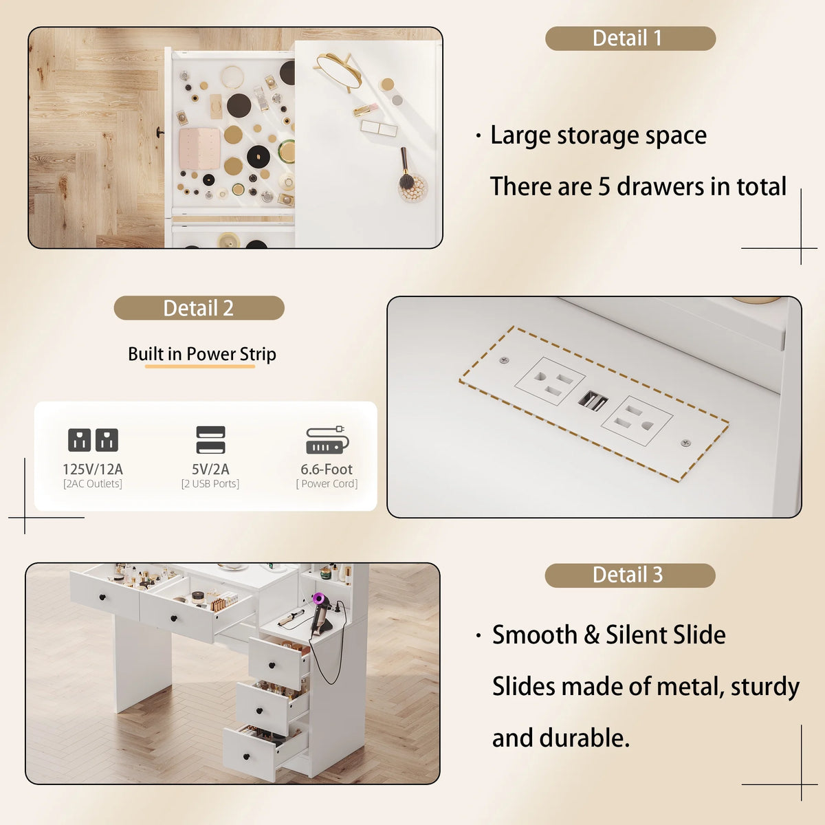 UGTOO 58.3" White Vanity Desk with Mirror, Adjustable Lighting, Power Outlet, Drawers, with Stool