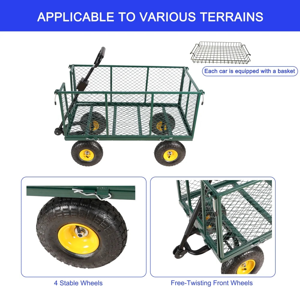 Gzxs Heavy Duty 880 lb Capacity Mesh Steel Garden Cart, Folding Utility Wagon with Removable Sides, Cart Liner, Storage Basket and 10" Large Wheels (Green)