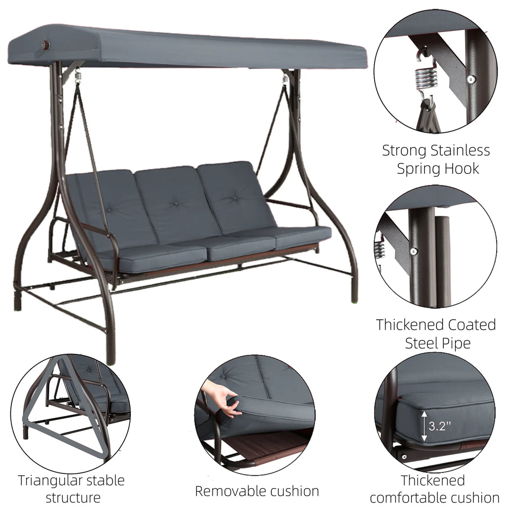 Arlopu 3 Person Porch Swing Outdoor Converting Canopy Swing Glider with Canopy
