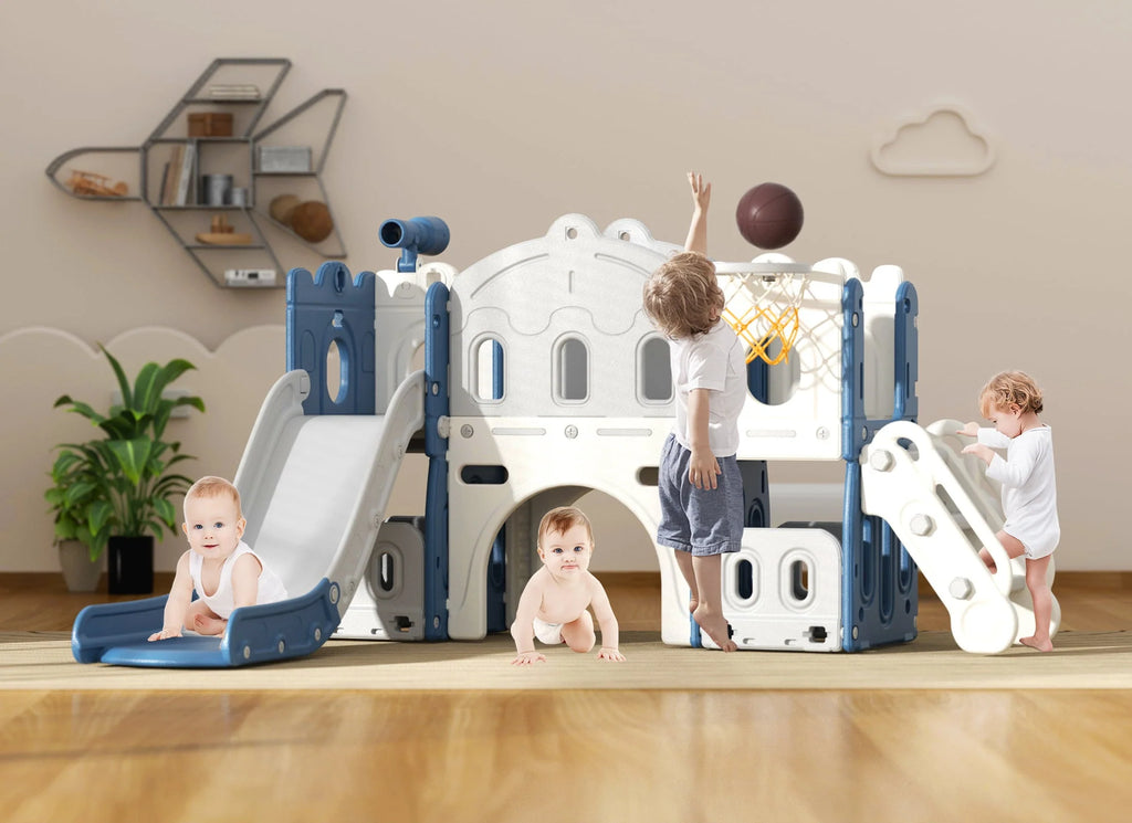KORIMEFA 8 in 1 Kids Slide Set with Climber, Toddler Climber Slide Play Set with Basketball Hoop, Tunnel, Toddler Playground Outdoor Indoor Layground Slide Playset Age 1+