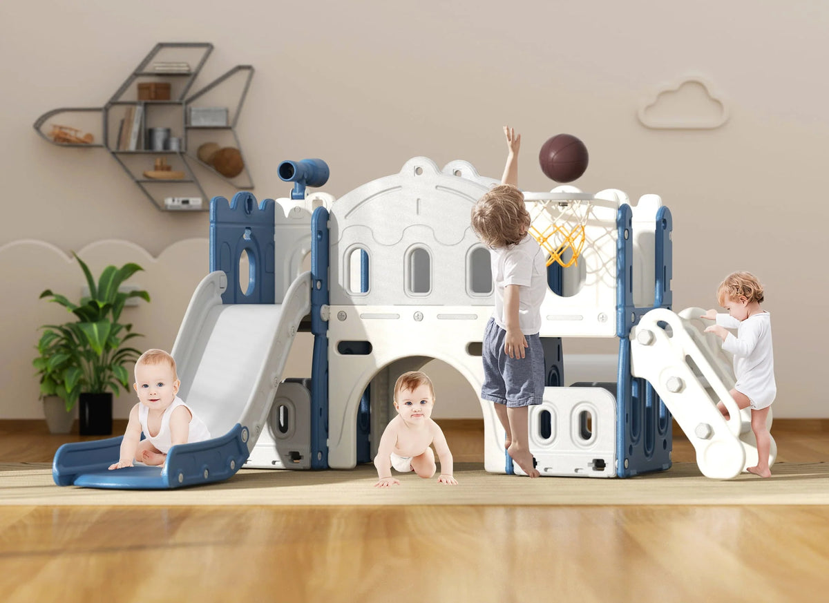 KORIMEFA 8 in 1 Kids Slide Set with Climber, Toddler Climber Slide Play Set with Basketball Hoop, Tunnel, Toddler Playground Outdoor Indoor Layground Slide Playset Age 1+