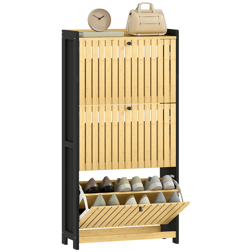 HOMCOM Schuhschrank 18 Paare mit 3 kippbaren Schubladen, Gittertüren aus Bambus, 60x24x118cm, Schwarz und Naturholz