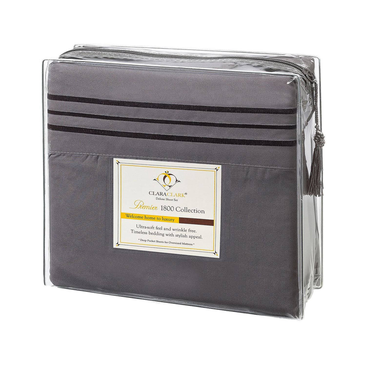 Clara Clark Premier 1800 Microfiber Collection 3-Line Bed Sheet Set, Queen size, Charcoal Stone Gray