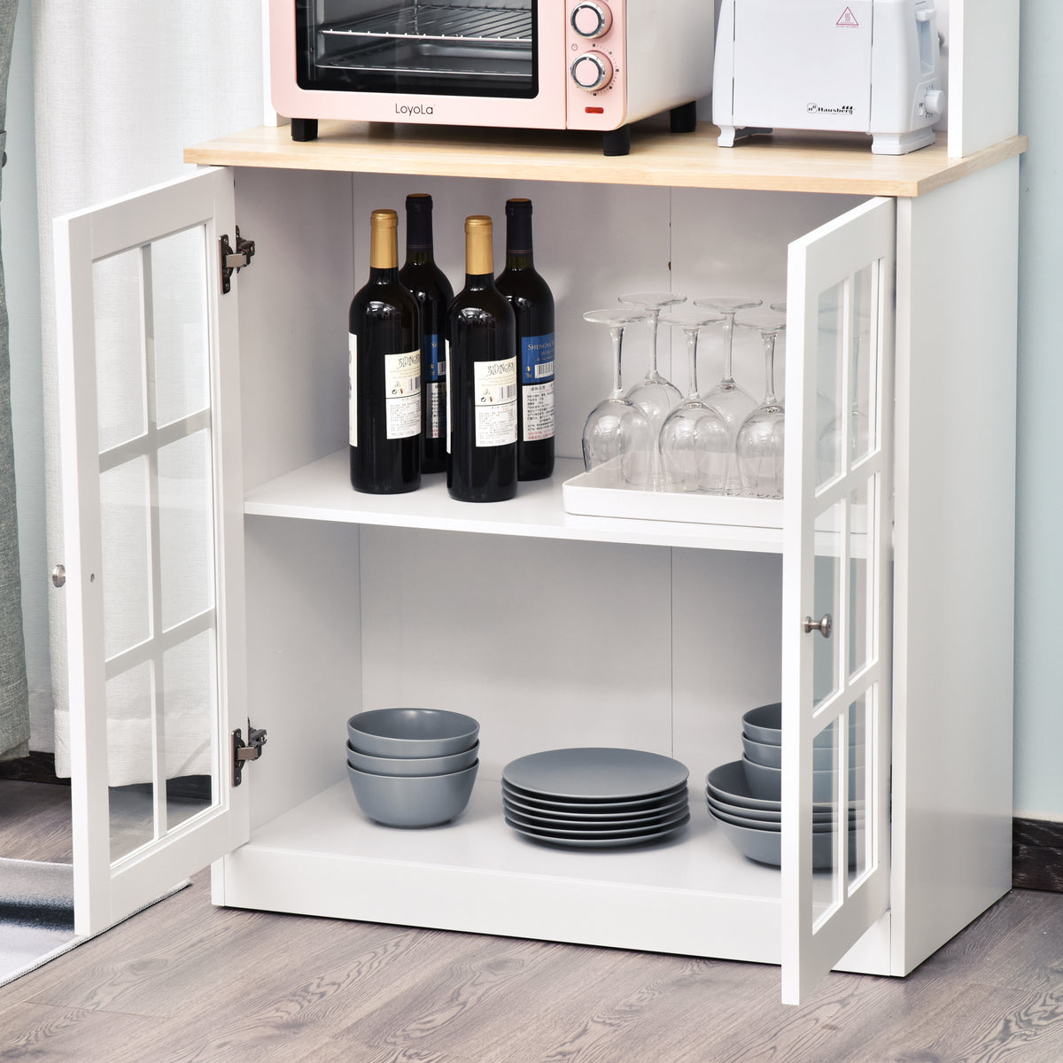 HOMCOM Küchenbuffet, Küchenschrank-Vitrine mit vielen Stauräumen, 3 Glasfronten mit Regal, 2 Fächer, große Arbeitsplatte, MDF weiß Eiche