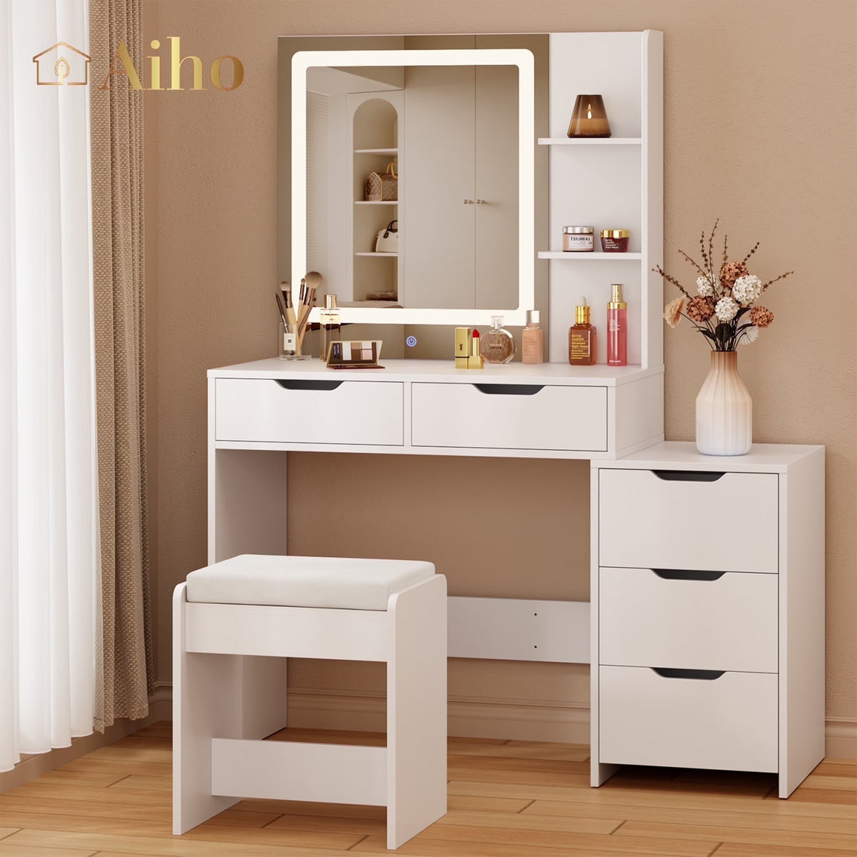 Makeup Vanity Desk with Mirror and Lights, 43.5 Vanity Table with 5 Drawers & Storage Shelves, White