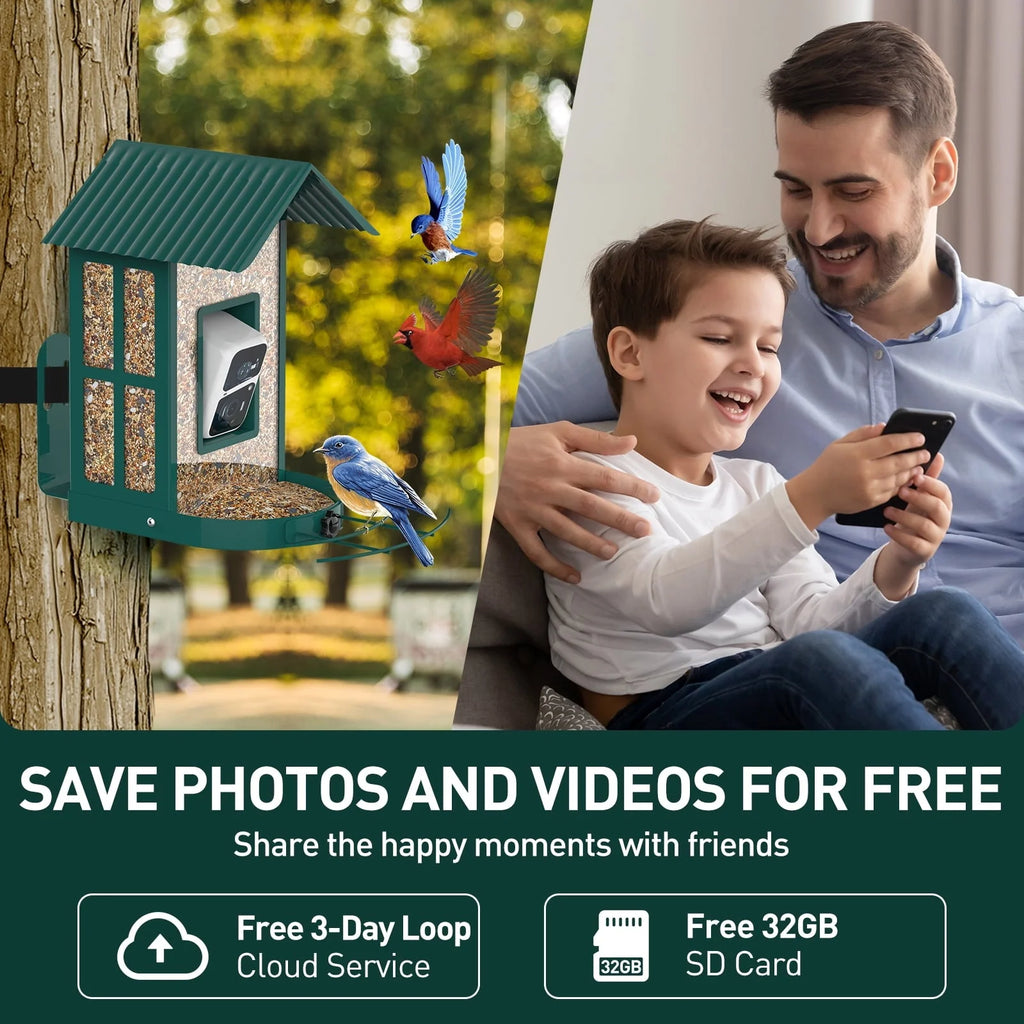 SOLIOM BF08 Smart Bird Feeder Camera with AI Identify Bird Species, Wild Bird Watching Cam, Live View, Instant Notifications, 5W Solar Panel - Metal Case