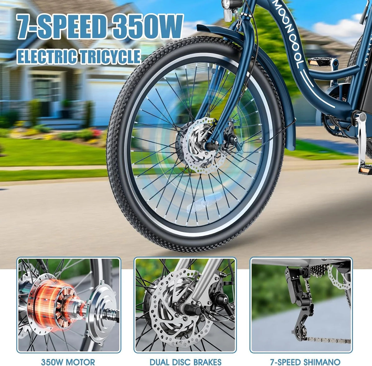 ABORON 24" 26" Electric Tricycles, 36V 10ah 350W Lithium Battery, 7 Speed E - Trike for Adults with Large Capacity Rear Basket & Adjustable Seat