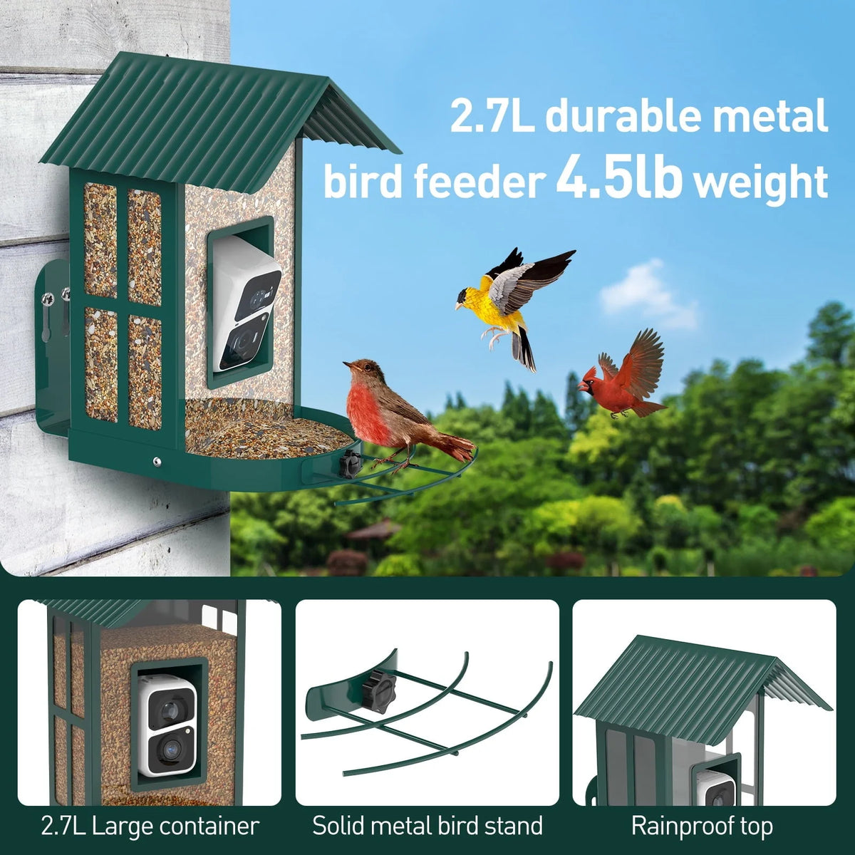 SOLIOM BF08 Smart Bird Feeder Camera with AI Identify Bird Species, Wild Bird Watching Cam, Live View, Instant Notifications, 5W Solar Panel - Metal Case