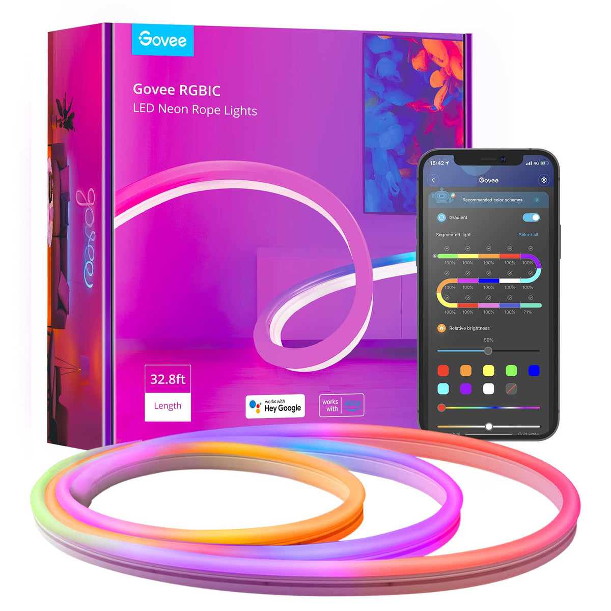 Govee 32.8ft Neon Rope Light, RGBIC Rope Lights with Music Sync, DIY Design, Works with Alexa, Google Assistant, Strip Lights for Bedroom, Living