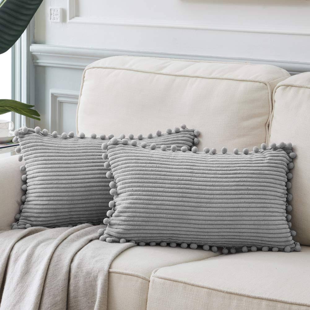 Fancy Homi Pack of 2 Boho Grey Lumbar Decorative Throw Pillow Covers with Pom-Poms, Soft Corduroy Solid Rectangle Cushion Cases