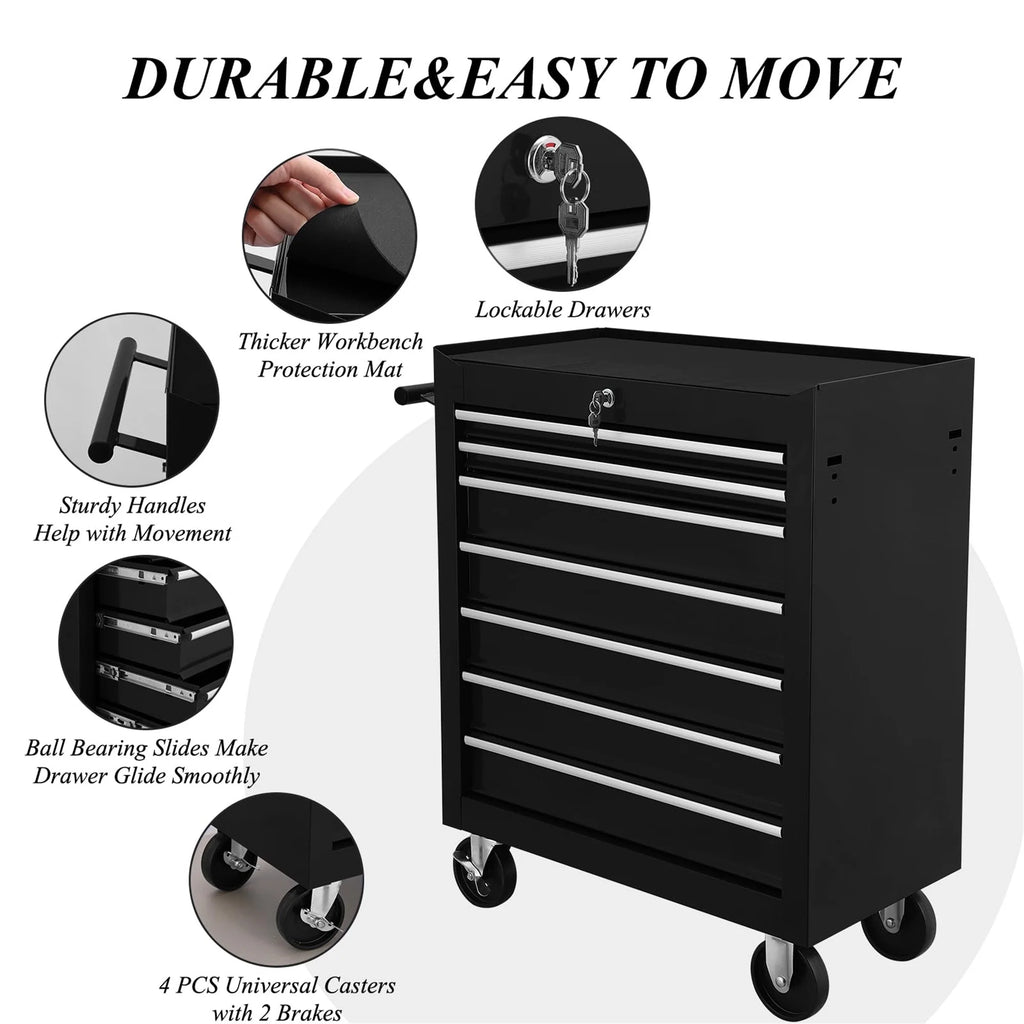 Aukfa Tool Chest, 24.5 in 7 - Drawer Steel Rolling Tool Box on Wheels for Workshop Garage, Red