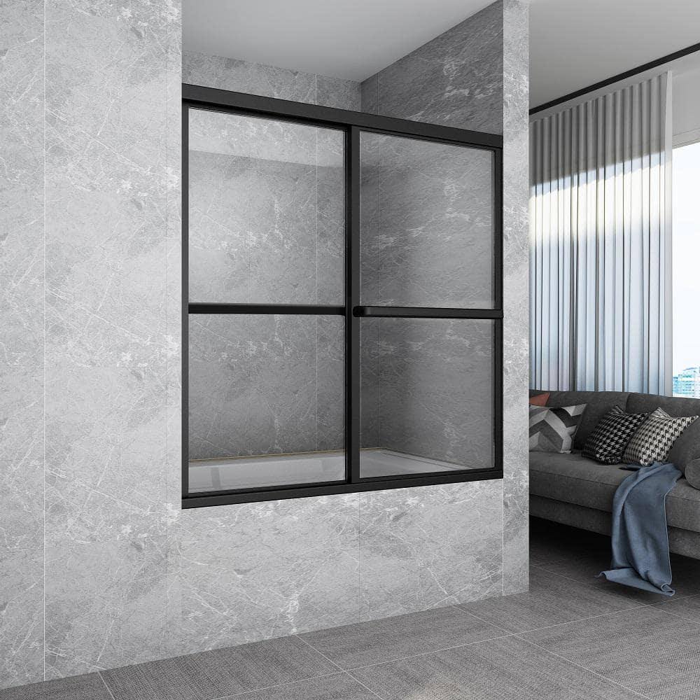 niveal Alvin 59 in. W x 56 in. H Sliding Framed Tub Door in Matte Black Finish