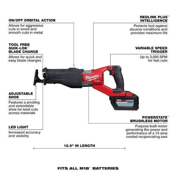 M18 FUEL 18V Lithium-Ion Brushless Cordless SUPER SAWZALL Orbital Reciprocating Saw Kit w/(1) 12.0 Ah Battery