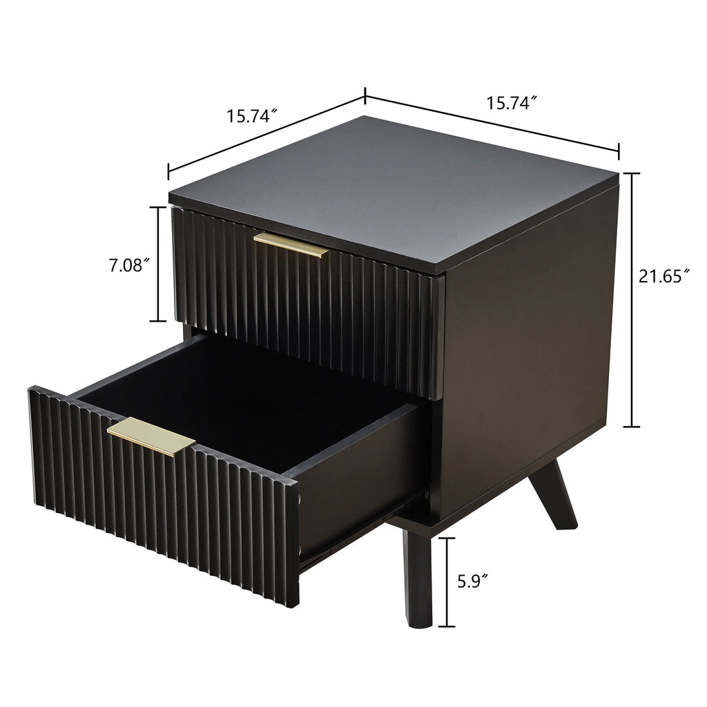 YOCWO Fluted Nightstand for Bedroom Set of 2, Wood Bedside Table Set of 2 with Drawers, Black