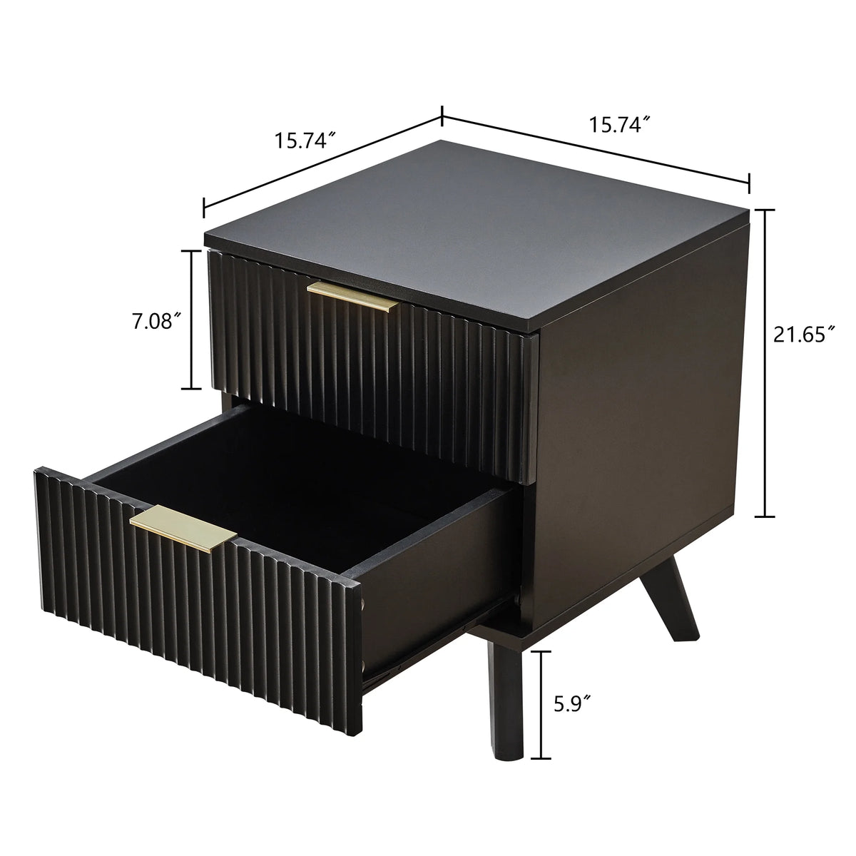 YOCWO Fluted Nightstand for Bedroom Set of 2, Wood Bedside Table Set of 2 with Drawers, Black