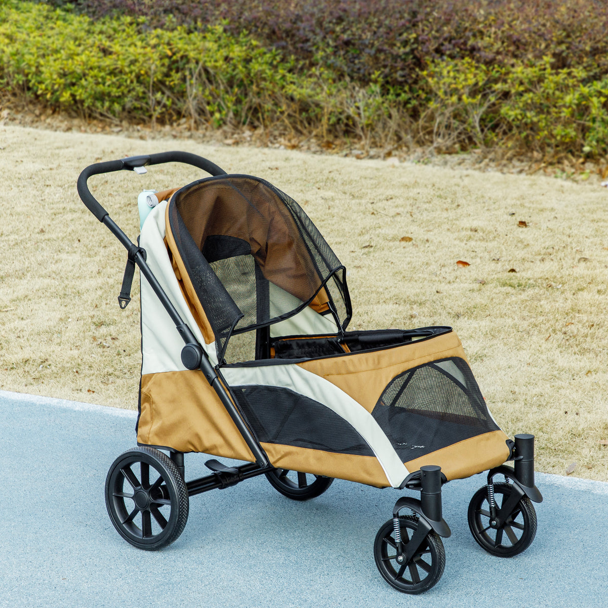 PawHut Hundewagen, Faltbarer Hundebuggy für große Hunde, Haustierwagen mit 4 Rädern, Sicherheitsleinen, Bremsen, Braun