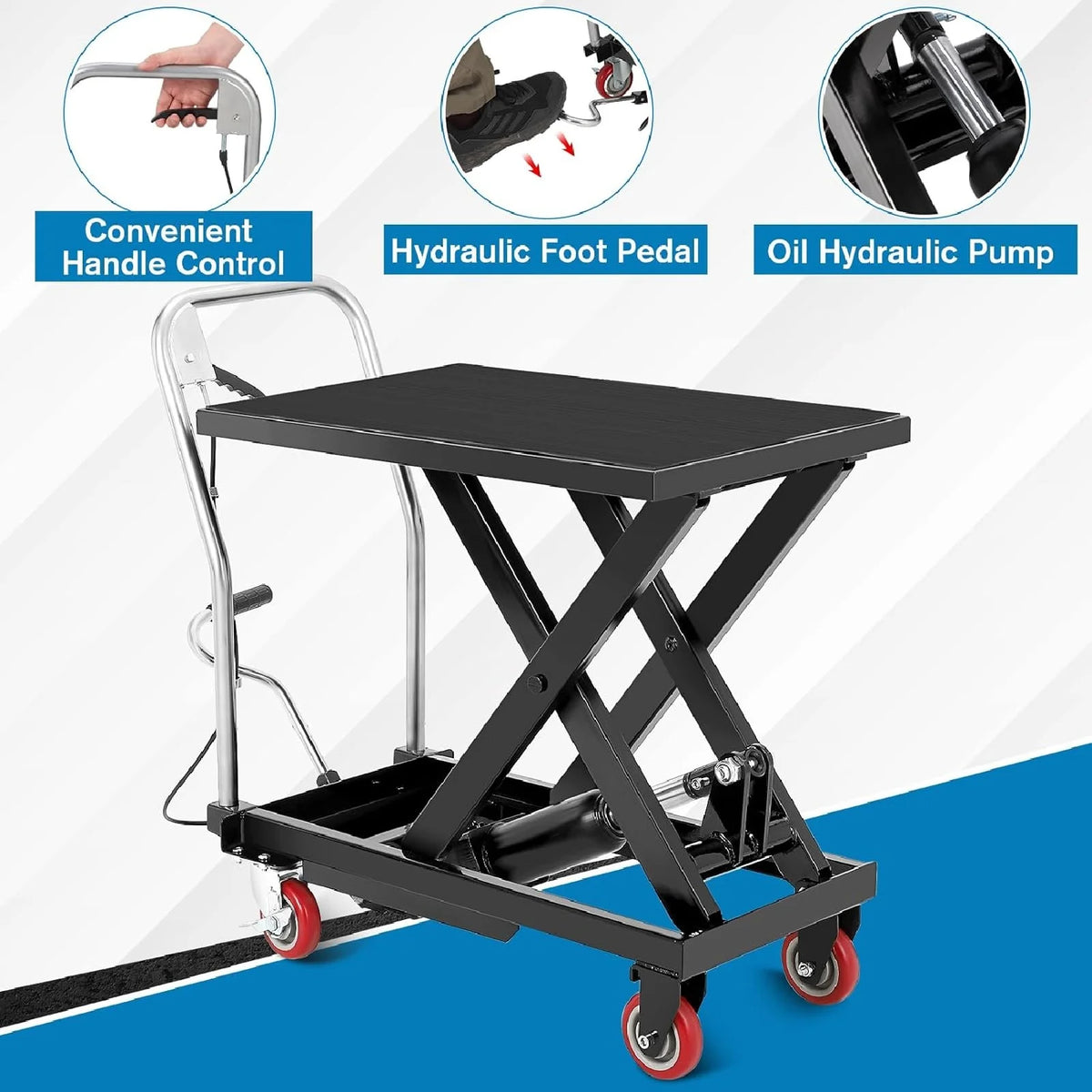 M Optimized Hydraulic Lift Table, 500 lb Capacity Hydraulic Table Cart, Single Scissor Lift Cart 28.5 in Lifting Height with 4 Wheels and Non - Slip Pad for Material Handling, Black