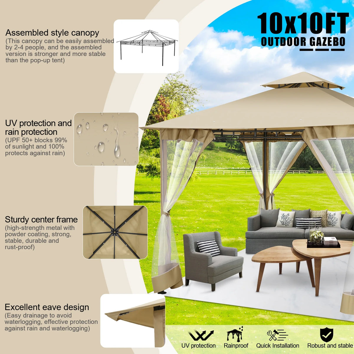 SANOPY 10' x 10' Gazebos for Patios, Gazebo Canopy with 4 Mosquito Netting, Rainproof & Sunscreen Shelter Tent with Double Eaves for Garden Backyard and Deck