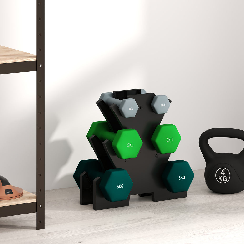 SPORTNOW Hantelset mit Aufbewahrungsgestell, Set mit 6 Hanteln für Fitness-Training, 2 x 1kg, 2 x 3kg, 2 x 5kg