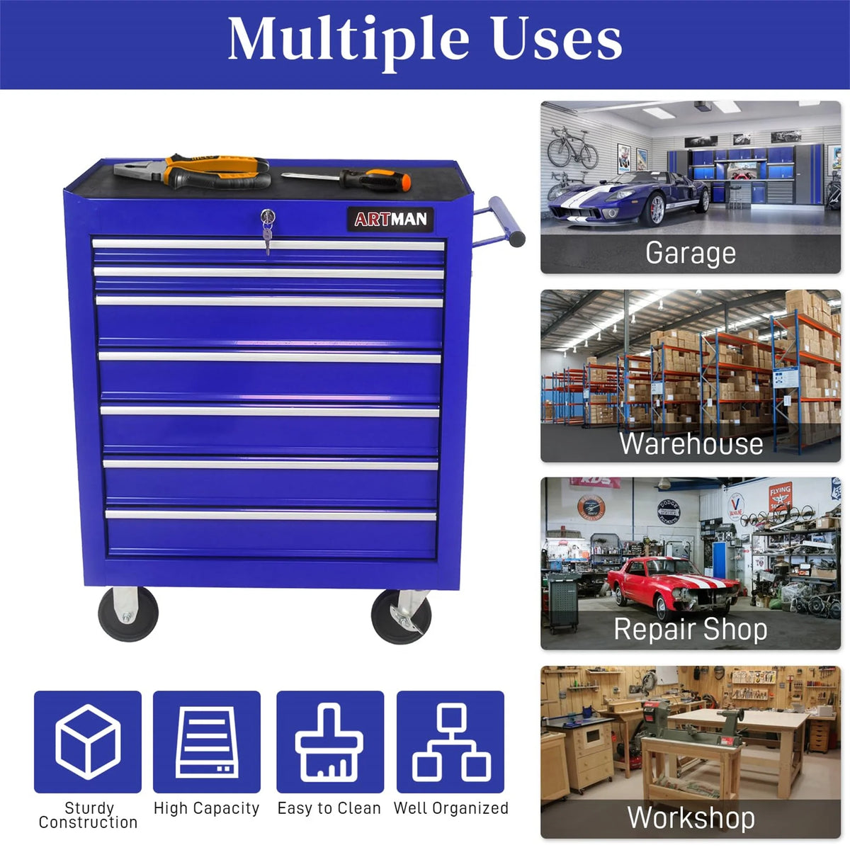 Aukfa Tool Chest, 24.5 in 7 - Drawer Steel Rolling Tool Box on Wheels for Workshop Garage, Red