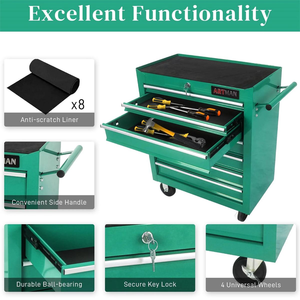 Aukfa Tool Chest, 24.5 in 7 - Drawer Steel Rolling Tool Box on Wheels for Workshop Garage, Red