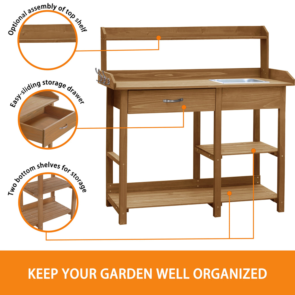 VEIKOUS Wood Potting Bench Garden Table W/ Removable Stainless Sink & Shelves, Natural