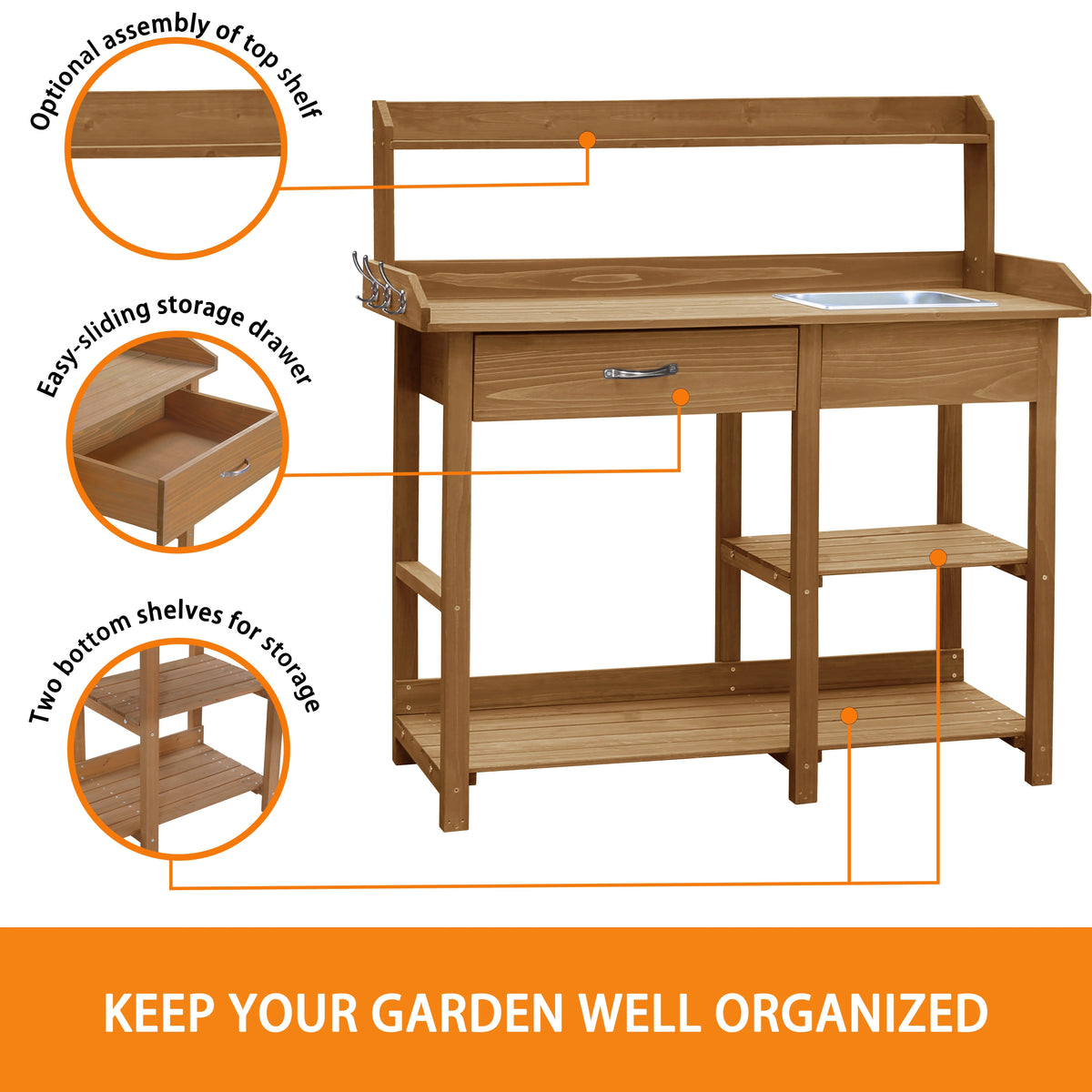 VEIKOUS Wood Potting Bench Garden Table W/ Removable Stainless Sink & Shelves, Natural