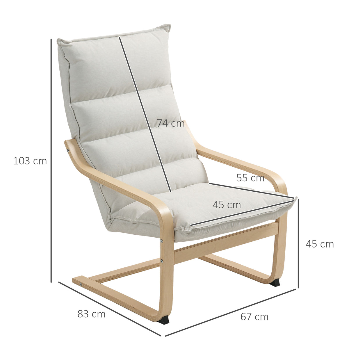 HOMCOM Loungesessel moderner Freizeitsessel Schlafzimmersessel mit gebogenen Armlehnen, Kissen, 67 x 83 x 105 cm, creme