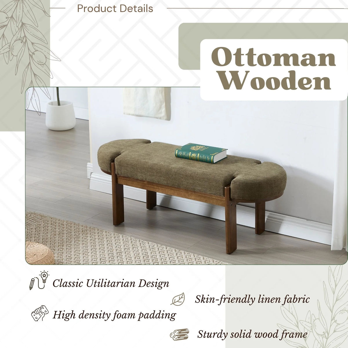 Dayalane 51" Modern Upholstered Bedroom Bench, Linen End of Bed Bench with Wooden Legs for Living Room, Entryway, Hallway Footrest, Beige