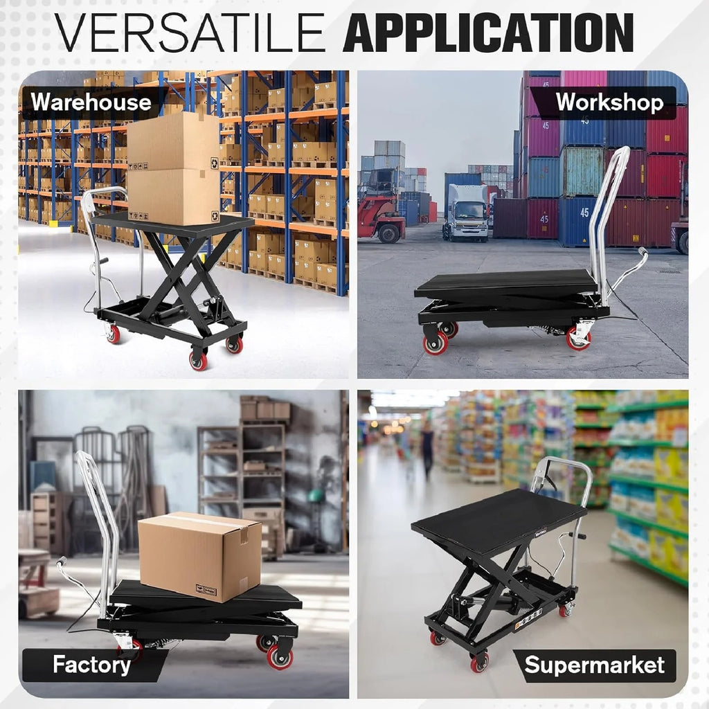M Optimized Hydraulic Lift Table, 500 lb Capacity Hydraulic Table Cart, Single Scissor Lift Cart 28.5 in Lifting Height with 4 Wheels and Non - Slip Pad for Material Handling, Black