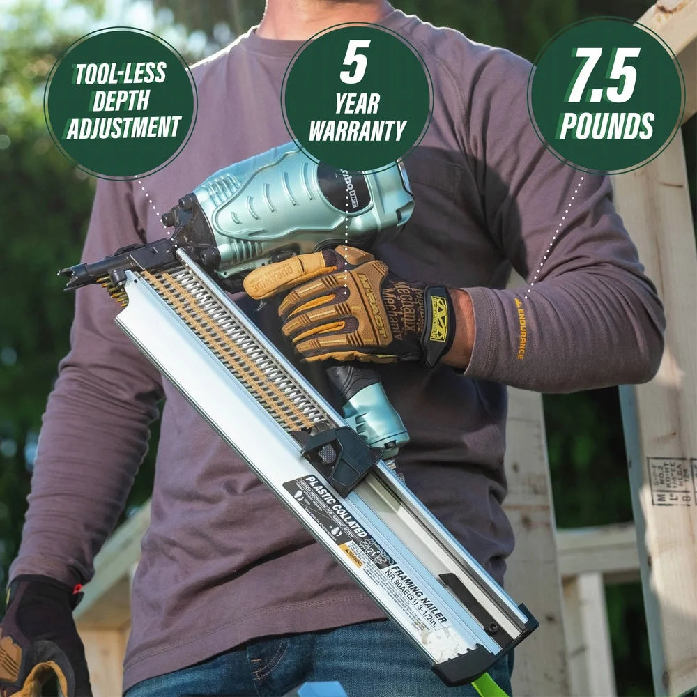 Metabo HPT Framing Nailer, Pro Preferred Brand of Pneumatic Nailers, 21 Degree Magazine, Accepts 2 - Inch to 3 - 1/2 - Inch Plastic Collated Nails, Ideal for Framing, Flooring, & Roof Decking, NR90AES1