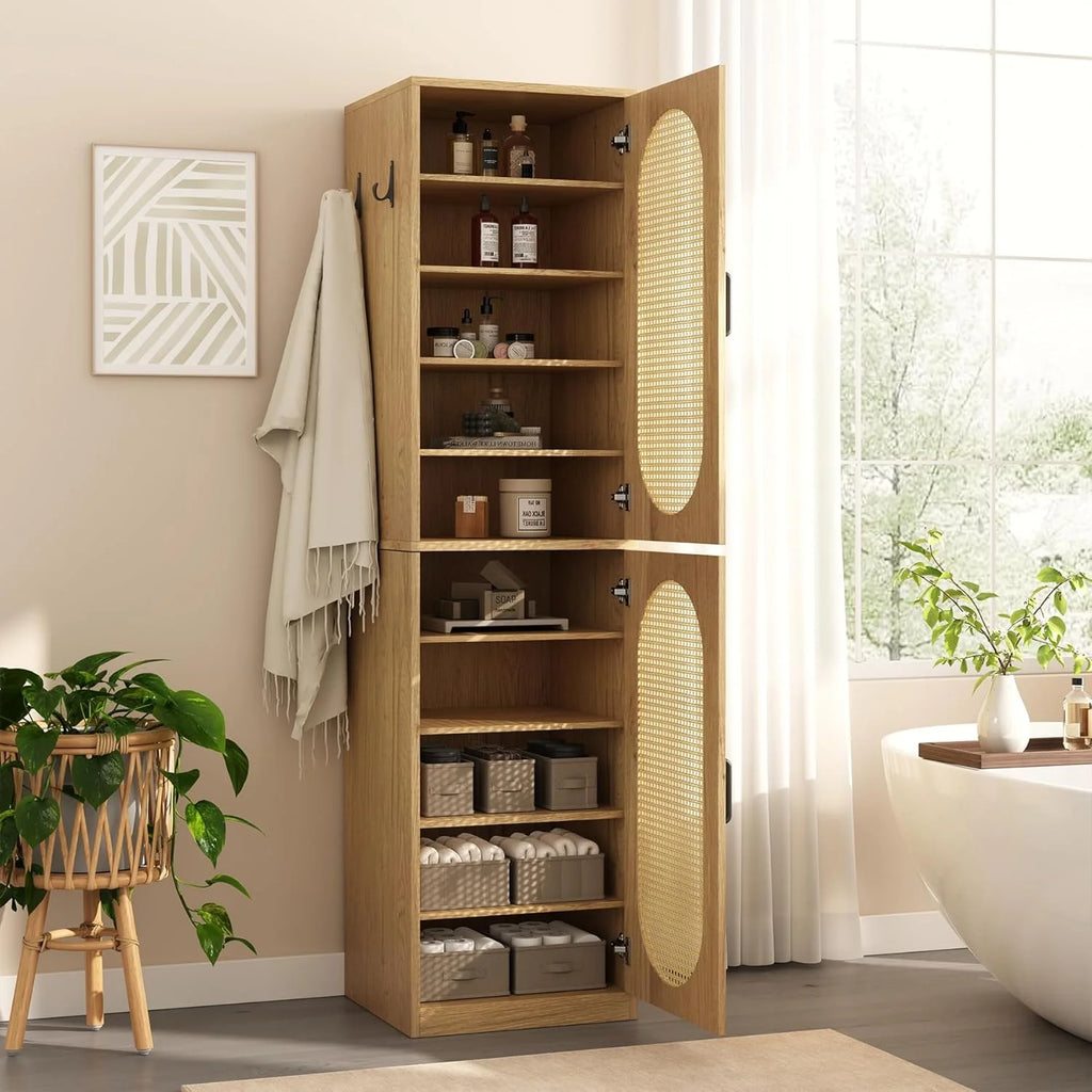 66 - Inch Bathroom Storage Cabinet with Rattan Doors, Bath Room Organizer Floor Cabinets Brown