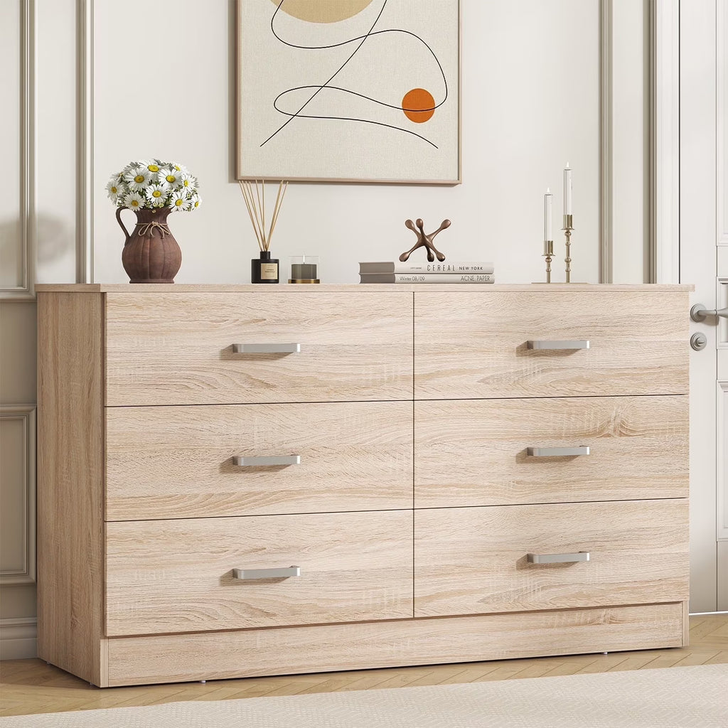 Winkalon 6 Drawer Oak Double Dresser, Wood Storage Cabinet with Easy Pull Out Handles for Living Room, Chest of Drawers for Bedroom