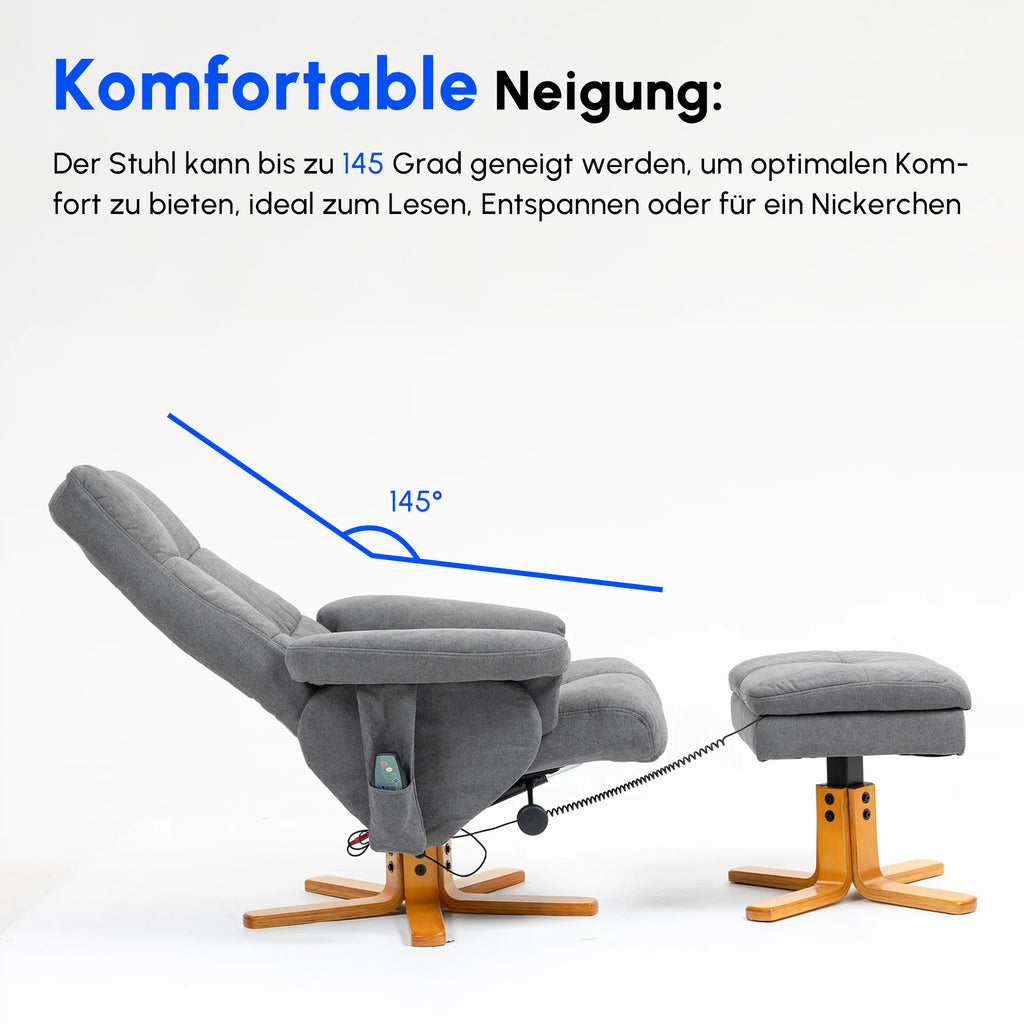 HOMCOM Relaxsessel mit Fußhocker, Stauraum, Elektrischer Massagesessel mit Liegefunktion, Drehbarer Fernsehsessel mit Seitentasche, Fernbedienung, Holzrahmen, Polyester, Dunkelgrau