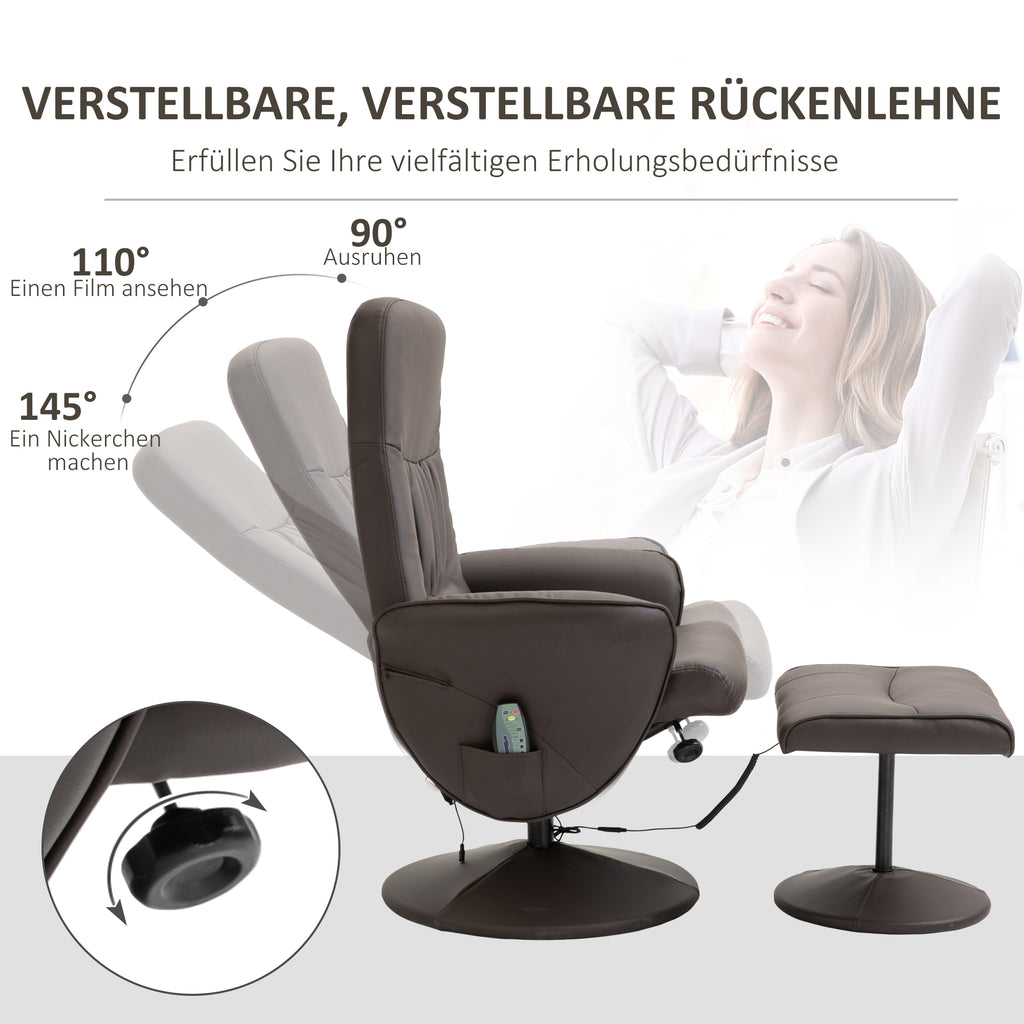 HOMCOM Relaxsessel mit Hocker, drehbarer Fernsehsessel mit 10 Massagepunkte, Liegefunktion, Massagesessel mit Fernbedienung, Seitentasche, TV-Sessel, Kunstleder, Braun