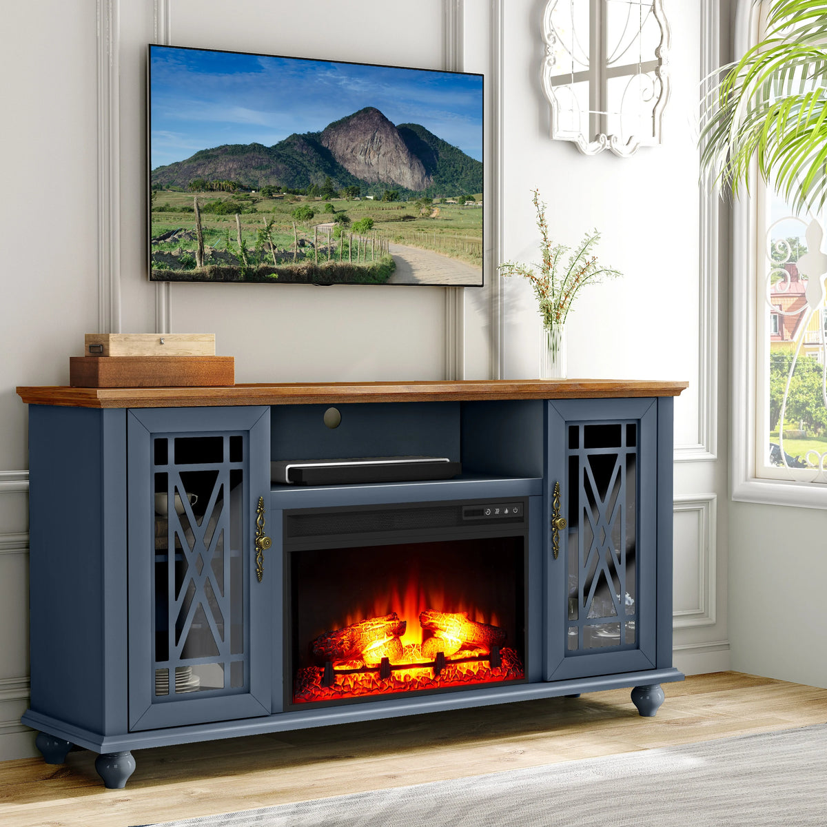 FESTIVO Elegant 61" TV Stand with Fireplace - Green
