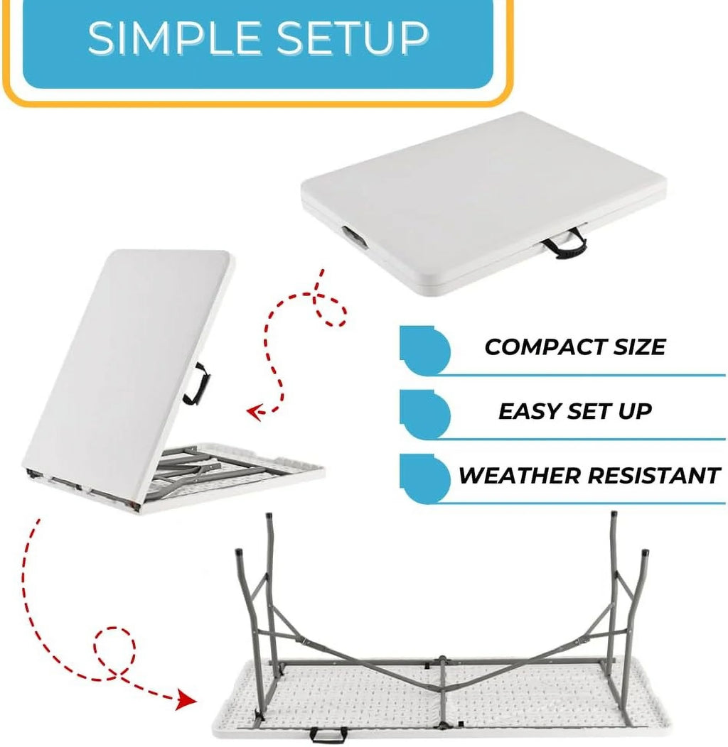 Ezone 6ft Indoor Outdoor Heavy Duty Portable Folding Plastic Dining Table W/Handle, Lock for Picnic, Party, Camping - White (6 Ft)