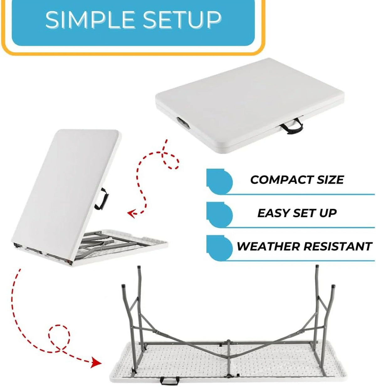 Ezone 6ft Indoor Outdoor Heavy Duty Portable Folding Plastic Dining Table W/Handle, Lock for Picnic, Party, Camping - White (6 Ft)