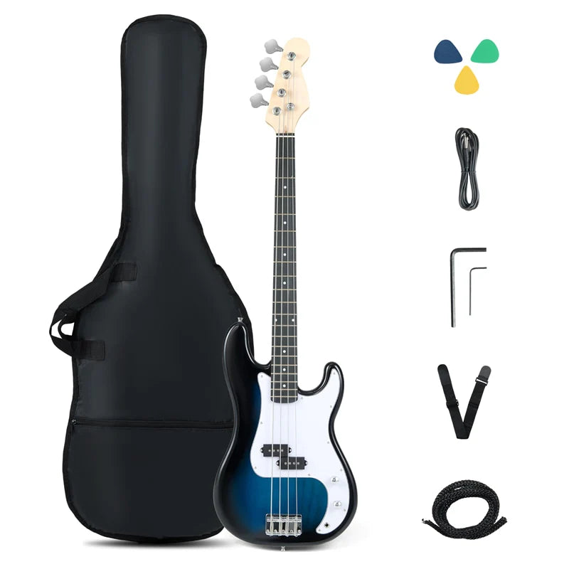 46" Right-handed Electric Bass Guitar, 4 Strings Full Size Bass Kit with Double Pickups, Open-gear Tuning, Gig Bag, Strap & Cable for Beginners