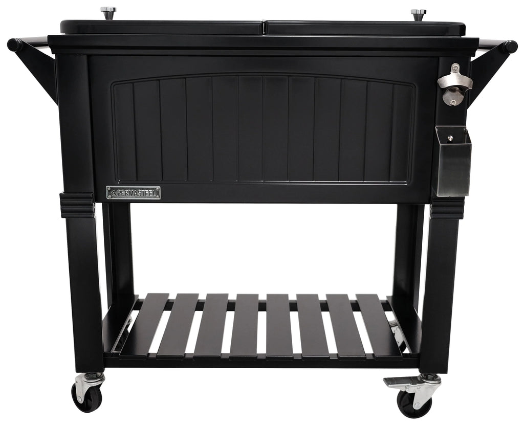 Permasteel 80 - Qt Antique Outdoor Steel Patio Cooler on Wheels, Rolling Cooler Cart, Wooden Teak Style, Black