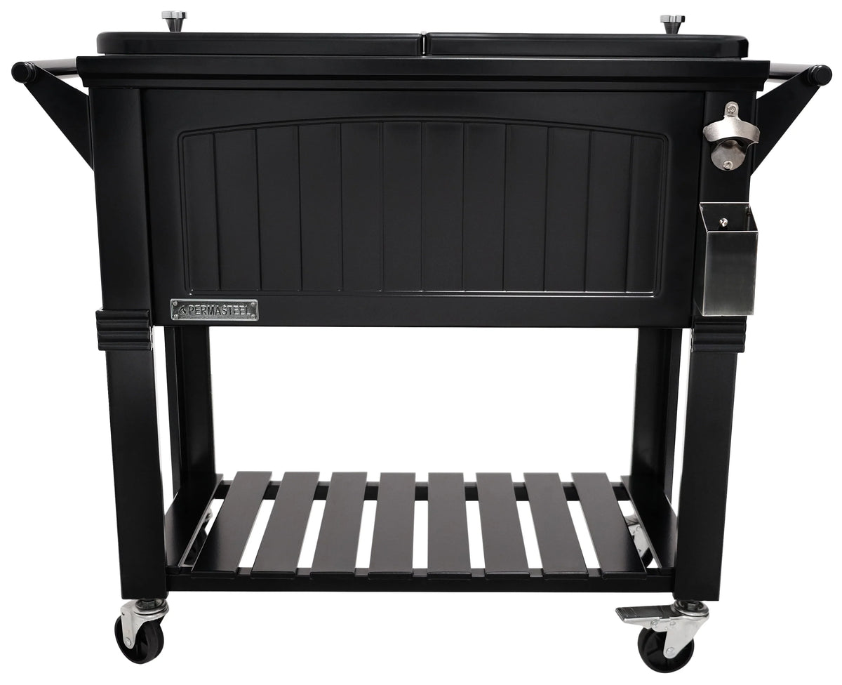 Permasteel 80 - Qt Antique Outdoor Steel Patio Cooler on Wheels, Rolling Cooler Cart, Wooden Teak Style, Black